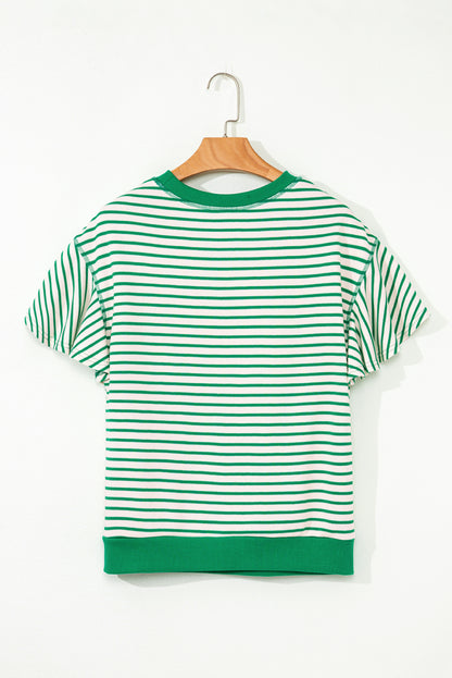 Stripe Contrast Detail Ruffle Short Sleeve Top