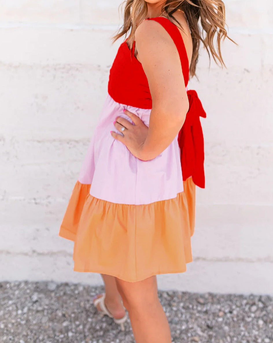 Colorblock Tied Backless Flare Dress