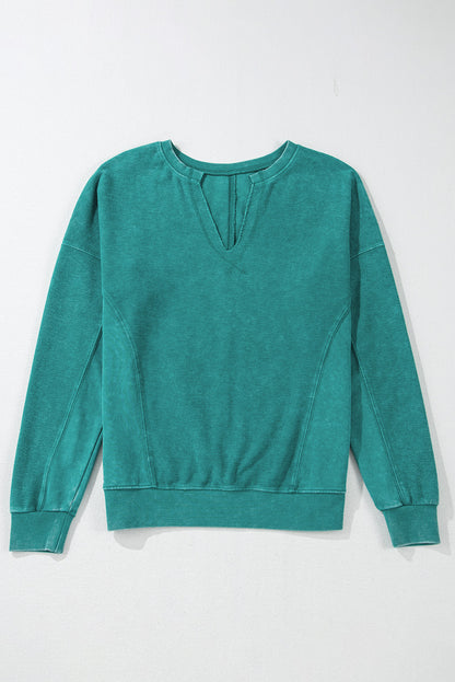 Solid Notched Neck Drop Shoulder Sweatshirt