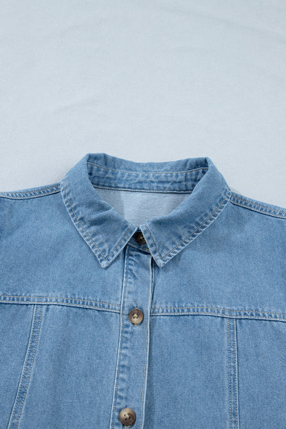Denim Short Puff Sleeve Ruffle Hem Buttoned Dress