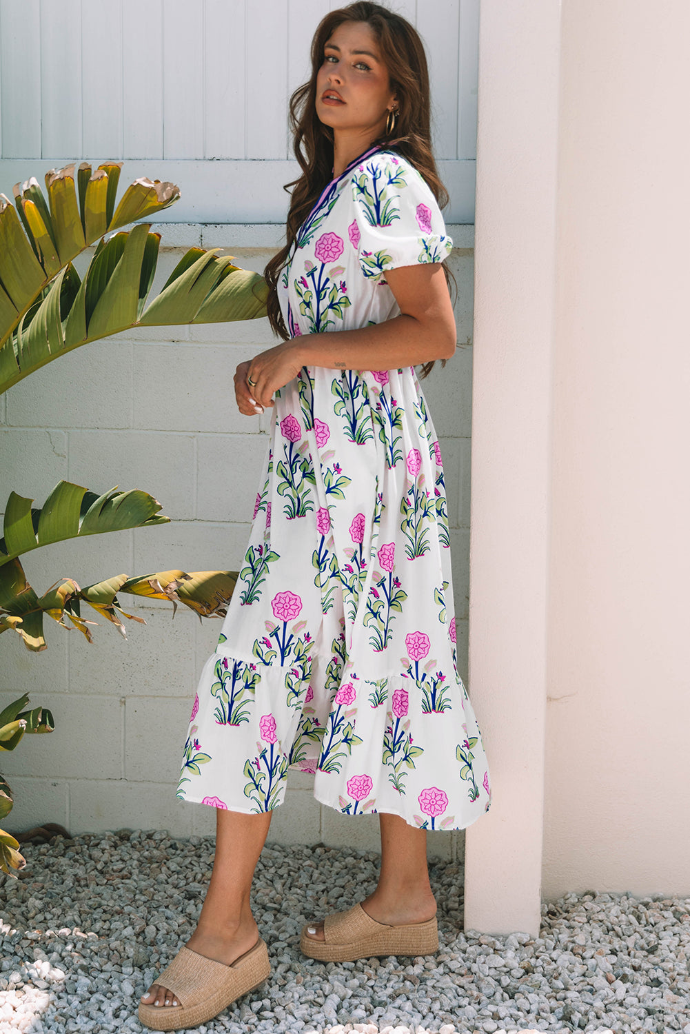 Floral Puff Sleeve V-Neck Maxi Dress