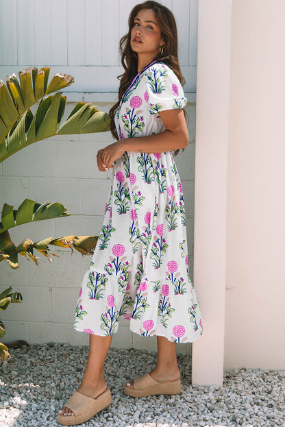 Floral Puff Sleeve V-Neck Maxi Dress