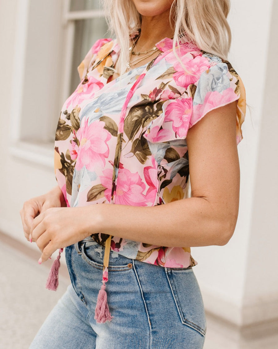 Floral Tassel Tie Short Sleeve Blouse