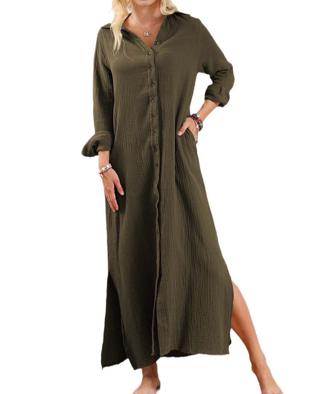 Gauze Buttoned Maxi Shirt Dress