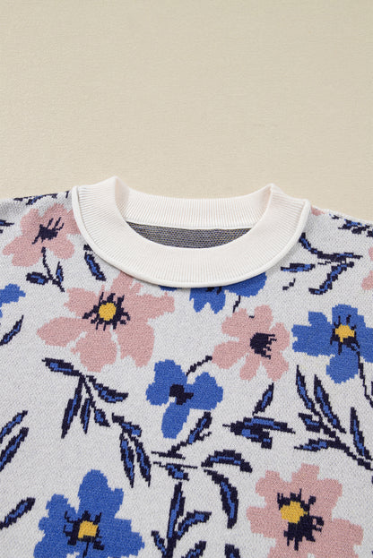 Floral Panel Colorblock Sleeve Crewneck Sweater