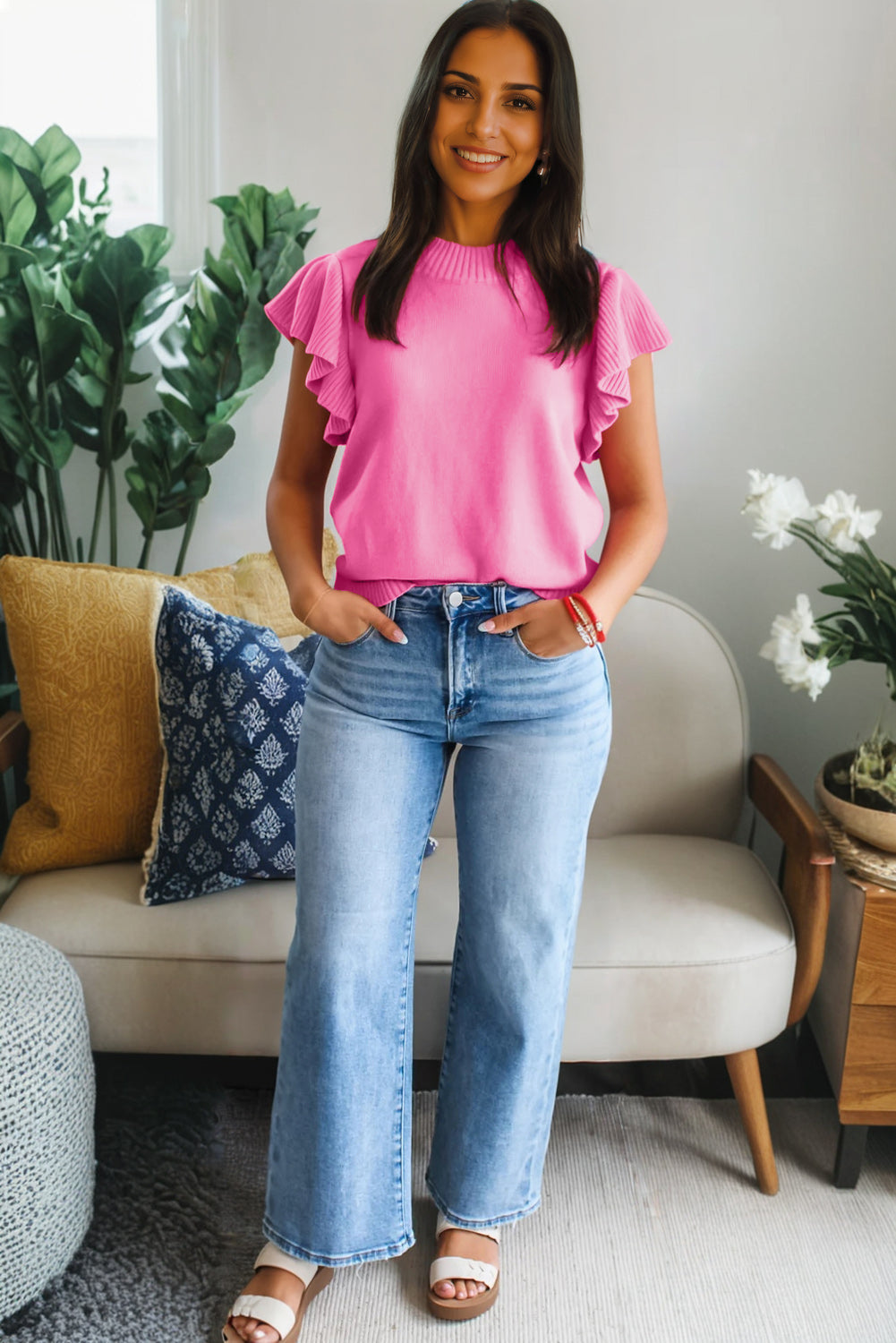 Solid Ruffle Sleeve Round Neck Ribbed Sweater