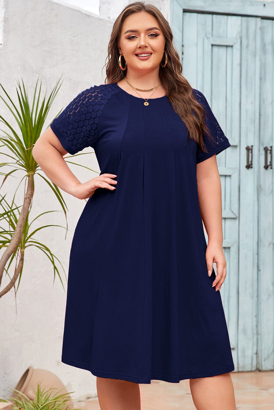 Plus Size Solid Lace Short Sleeve Pleated Dress