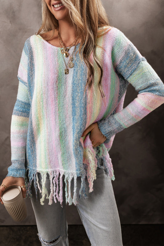 Colorblock Stripe Fringe Tunic Sweater