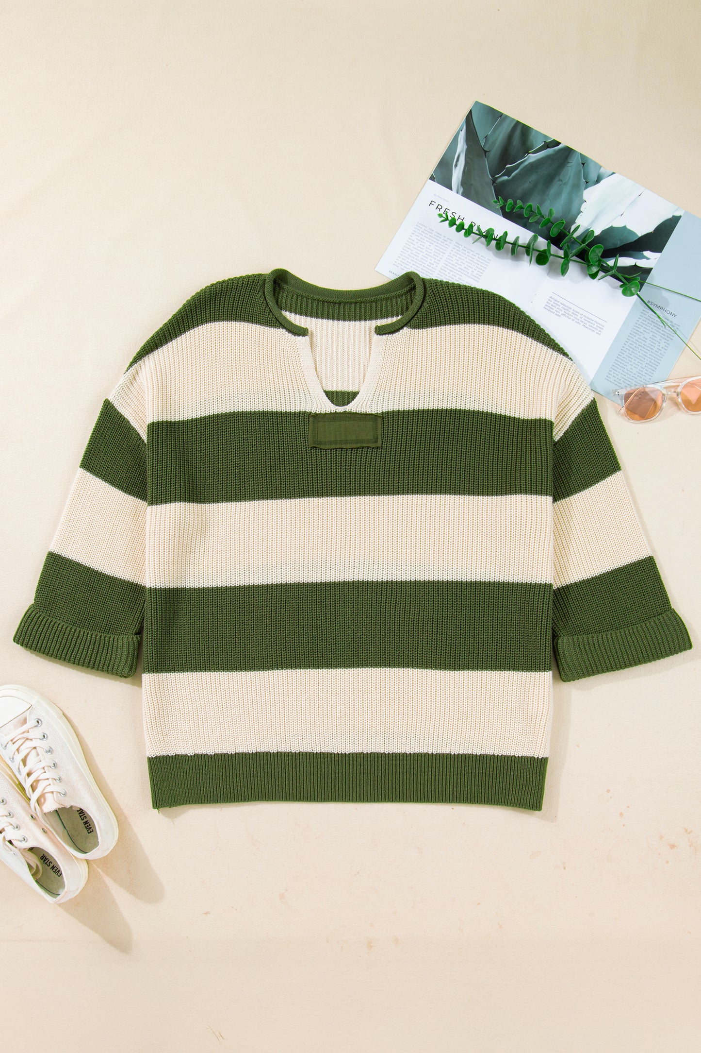 Plus Size Stripe Colorblock Notched Neck Sweater