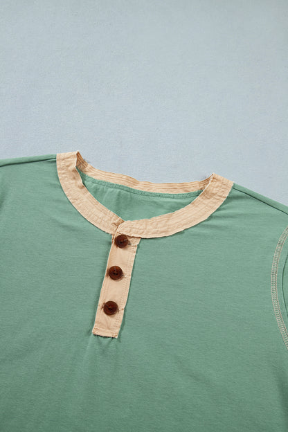 Colorblock Raw Seam Buttoned Henley Tee