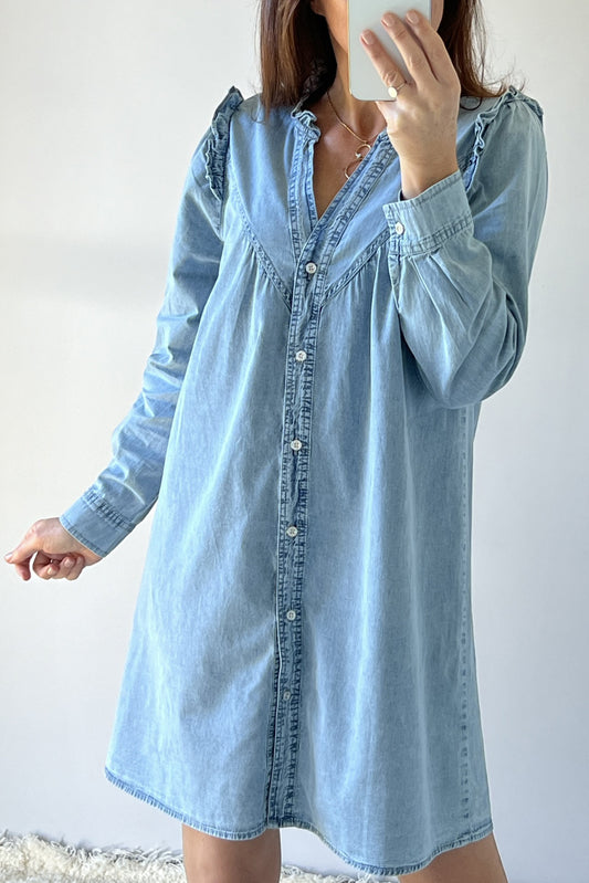 Denim Ruffle V-Neck Buttoned Dress