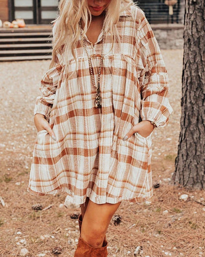 Plaid Bubble Sleeve Babydoll Dress