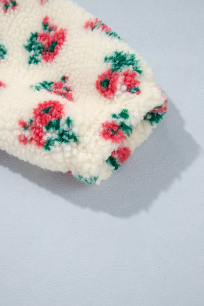 Floral Fleece Contrast Trim Half Button Sweatshirt