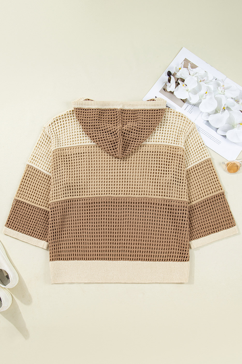 Plus Size Colorblock Hollowed Knit Hooded Sweater