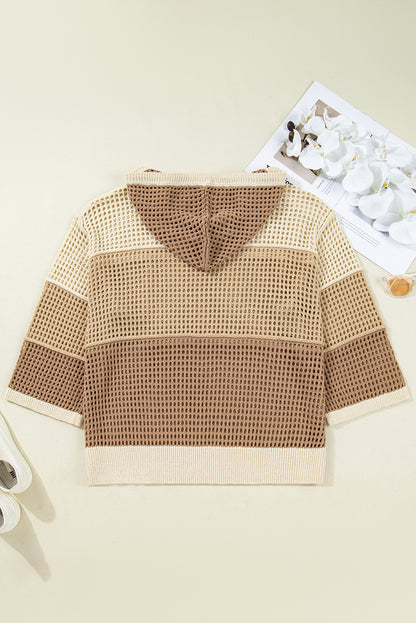 Plus Size Colorblock Hollowed Knit Hooded Sweater