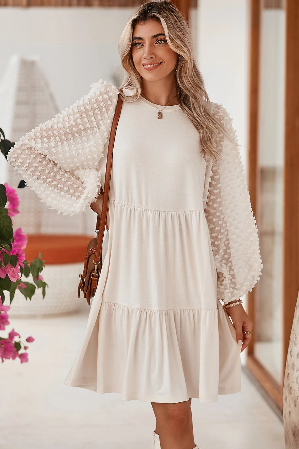 Embellished Puff Sleeve Tiered Dress