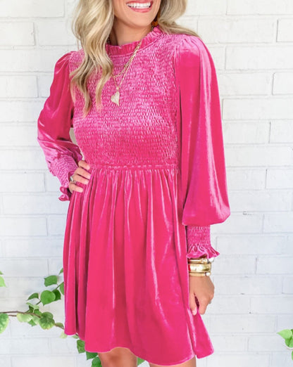 Velvet Smocked Puff Sleeve Dress