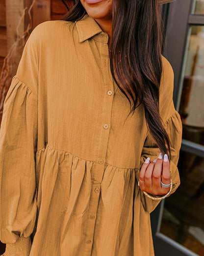 Smocked Bishop Sleeve Shirt Dress