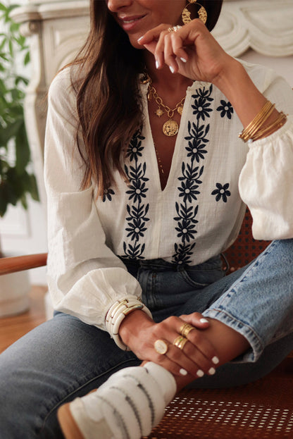 Floral Embroidered Puff Sleeve Blouse