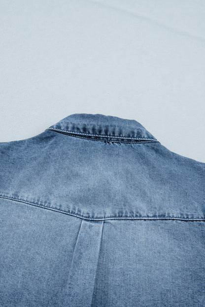Denim Frilled Short Sleeve Snap Button Shirt
