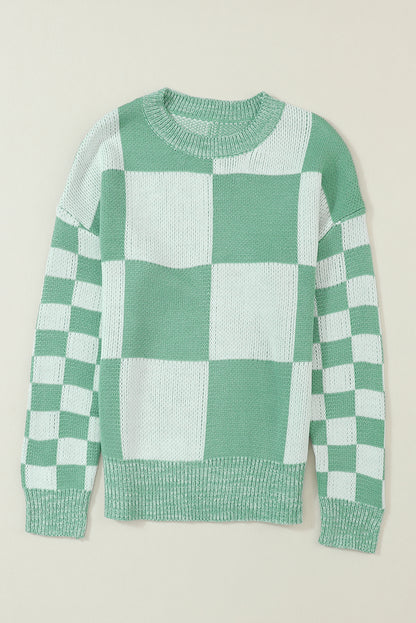 Checker Patchwork Ribbed Trim Sweater