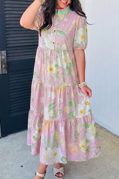 Floral Puff Sleeve Ruffle Tiered Maxi Dress