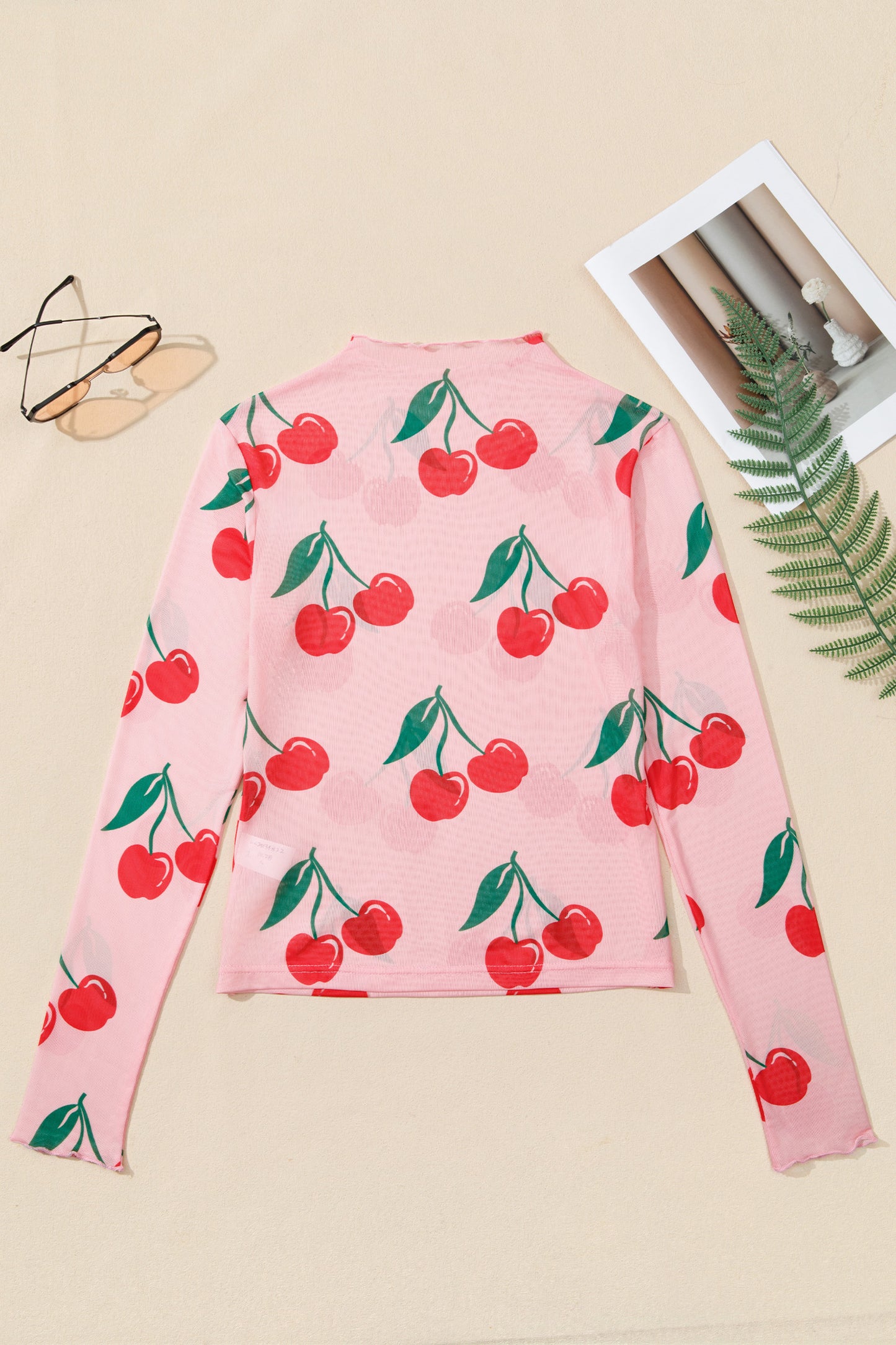 Cherry Mesh Lettuce Trim Long Sleeve Top