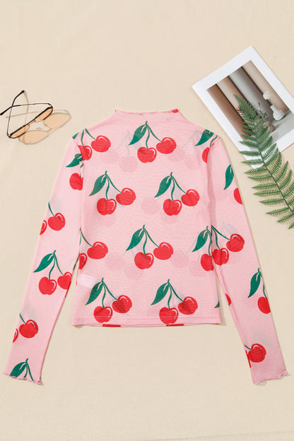 Cherry Mesh Lettuce Trim Long Sleeve Top