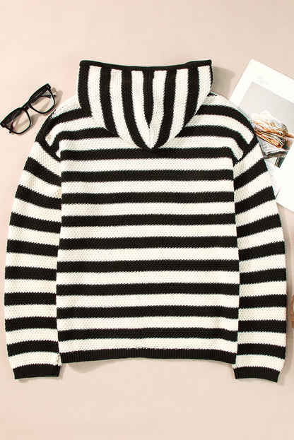 Stripe Drawstring Hooded V-Neck Sweater