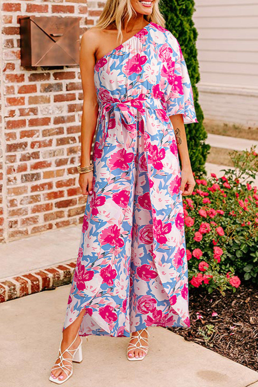 Floral One Shoulder Belted Jumpsuit