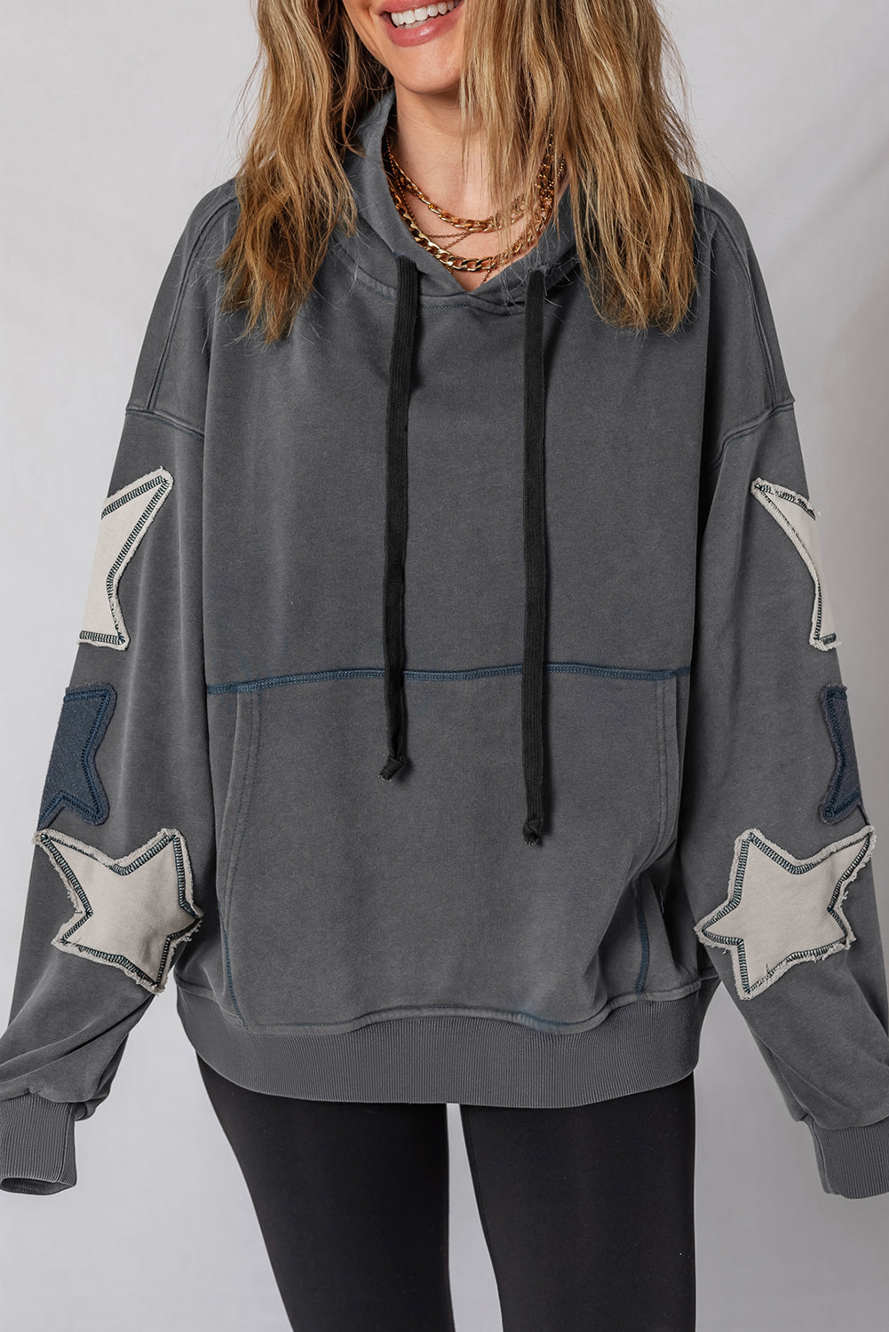 Star Patchwork Mineral Wash Kangaroo Pocket Hoodie