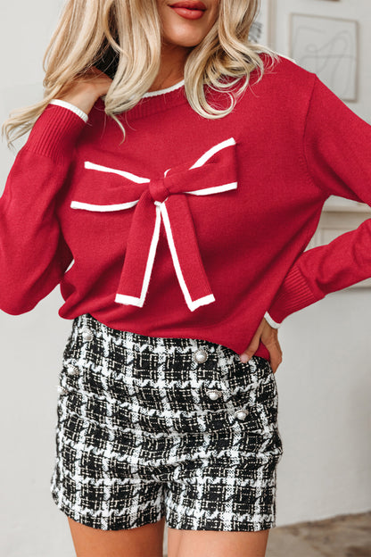 Bow Tie Contrast Trim Cropped Sweater