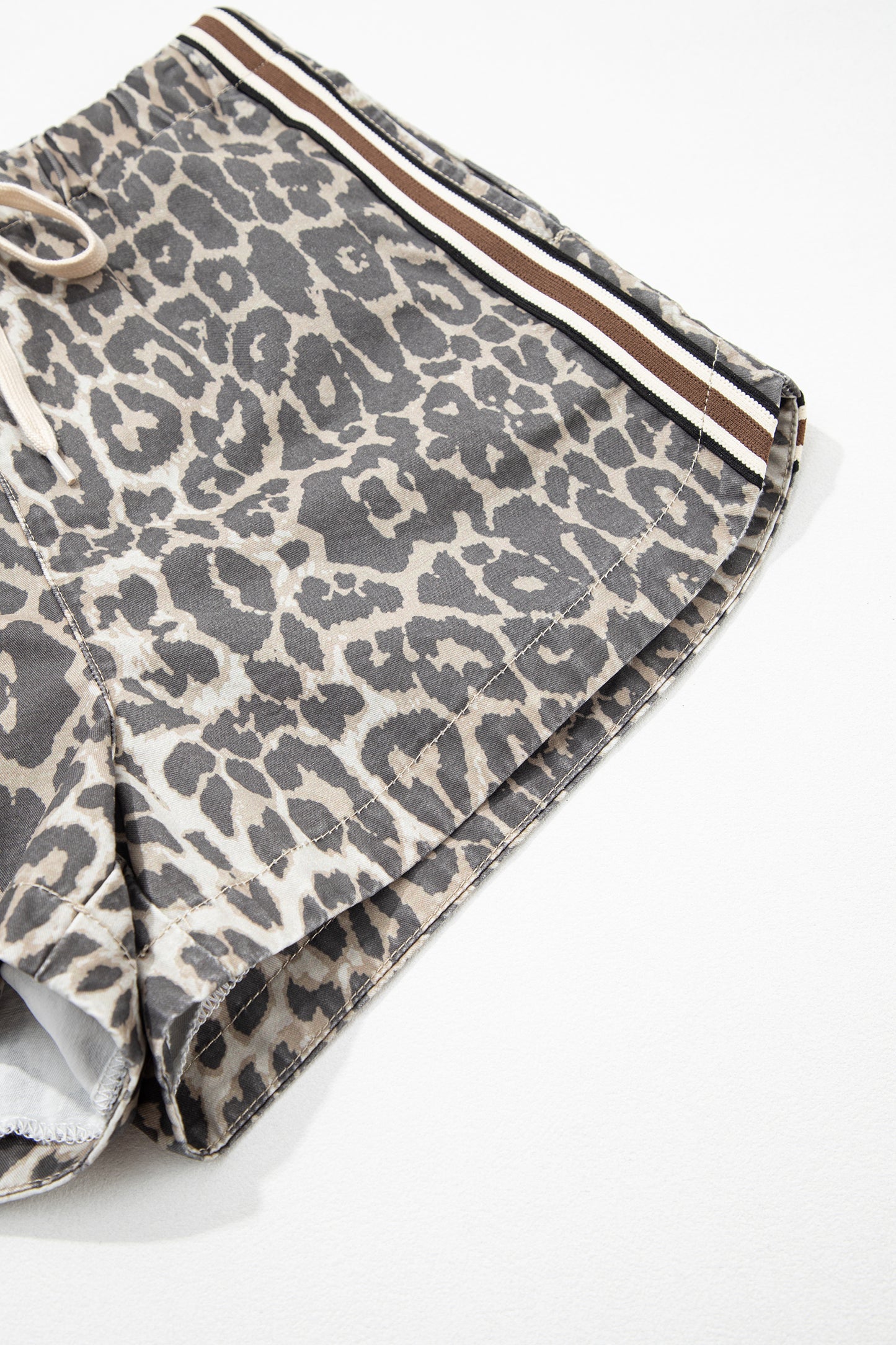 Leopard Stripe Detail Drawstring Denim Shorts