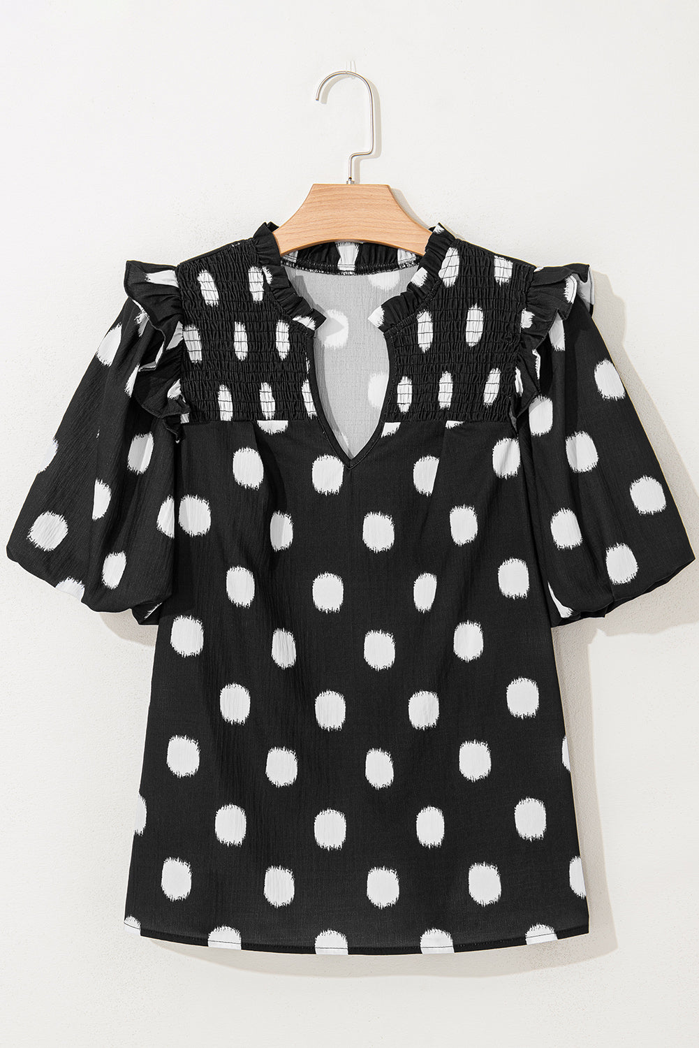Polka Dot Shirred Notched Neck Balloon Sleeve Blouse