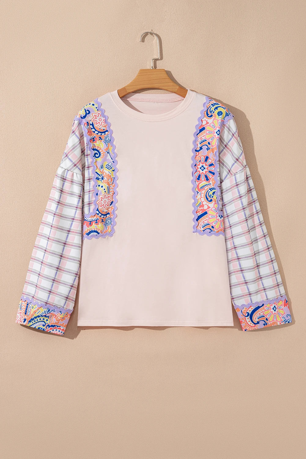 Floral Plaid Patchwork Puff Sleeve Blouse