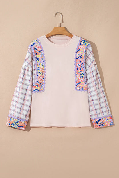 Floral Plaid Patchwork Puff Sleeve Blouse