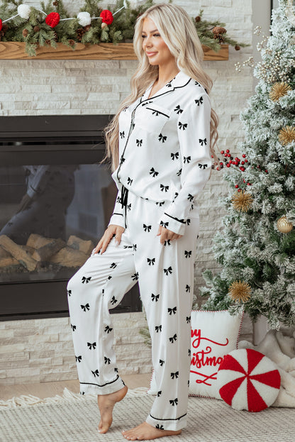 Bow Tie Long Sleeve Top and Pants Pajama Set