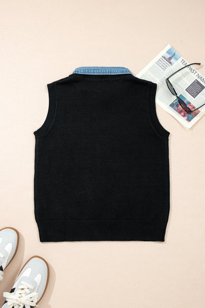Denim Patchwork Collar Sleeveless Sweater Top
