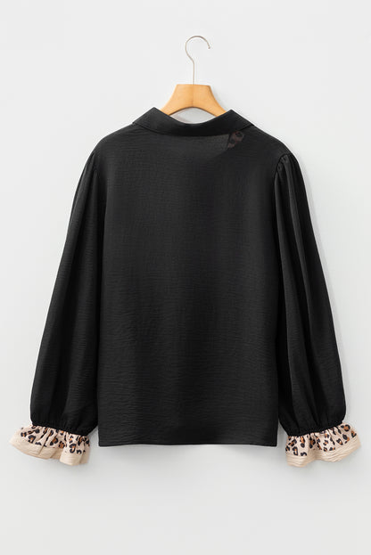 Leopard Patchwork Ruffle Long Sleeve Polo Collar Blouse