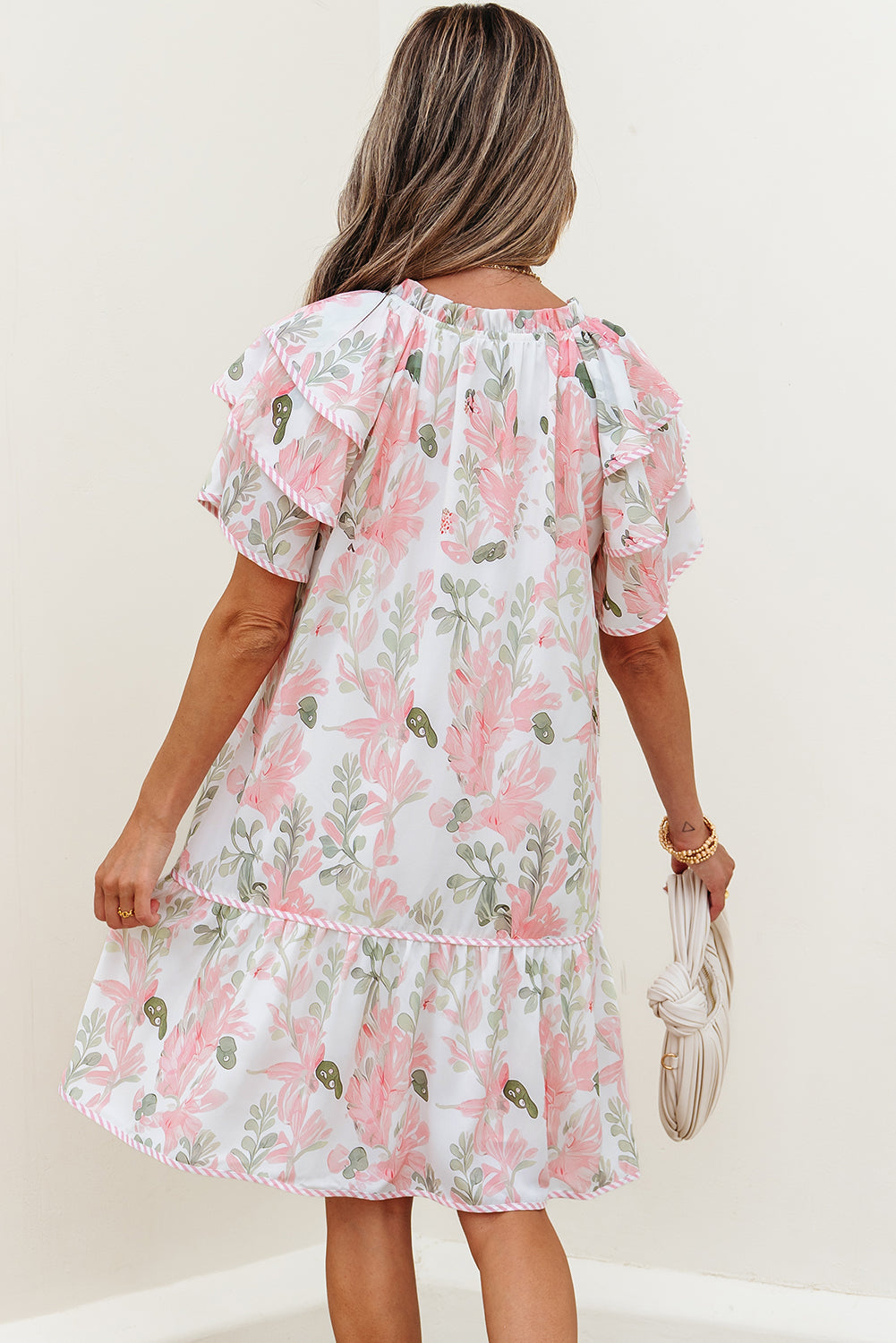Floral V-Neck Layered Short Sleeve Mini Dress
