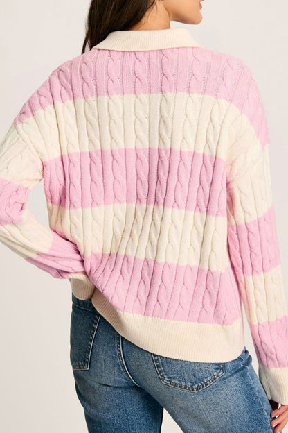 Stripe Cable Knit Collared Henley Sweater