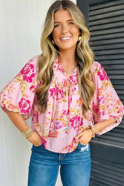 Floral Tie Neck 3/4 Puff Sleeve Blouse