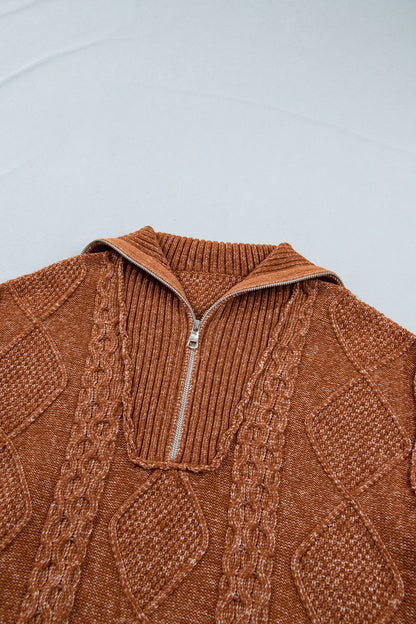 Solid Cable Knit Zip-Up Collar Long Sleeve Sweater Dress