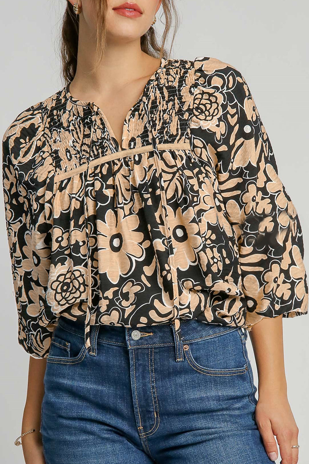 Floral 3/4 Sleeve Split Neck Blouse