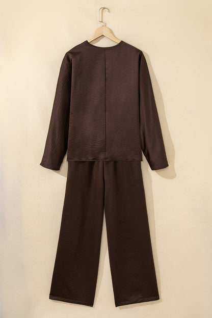 Solid Braided V-Neck Long Sleeve Top & Pants Set