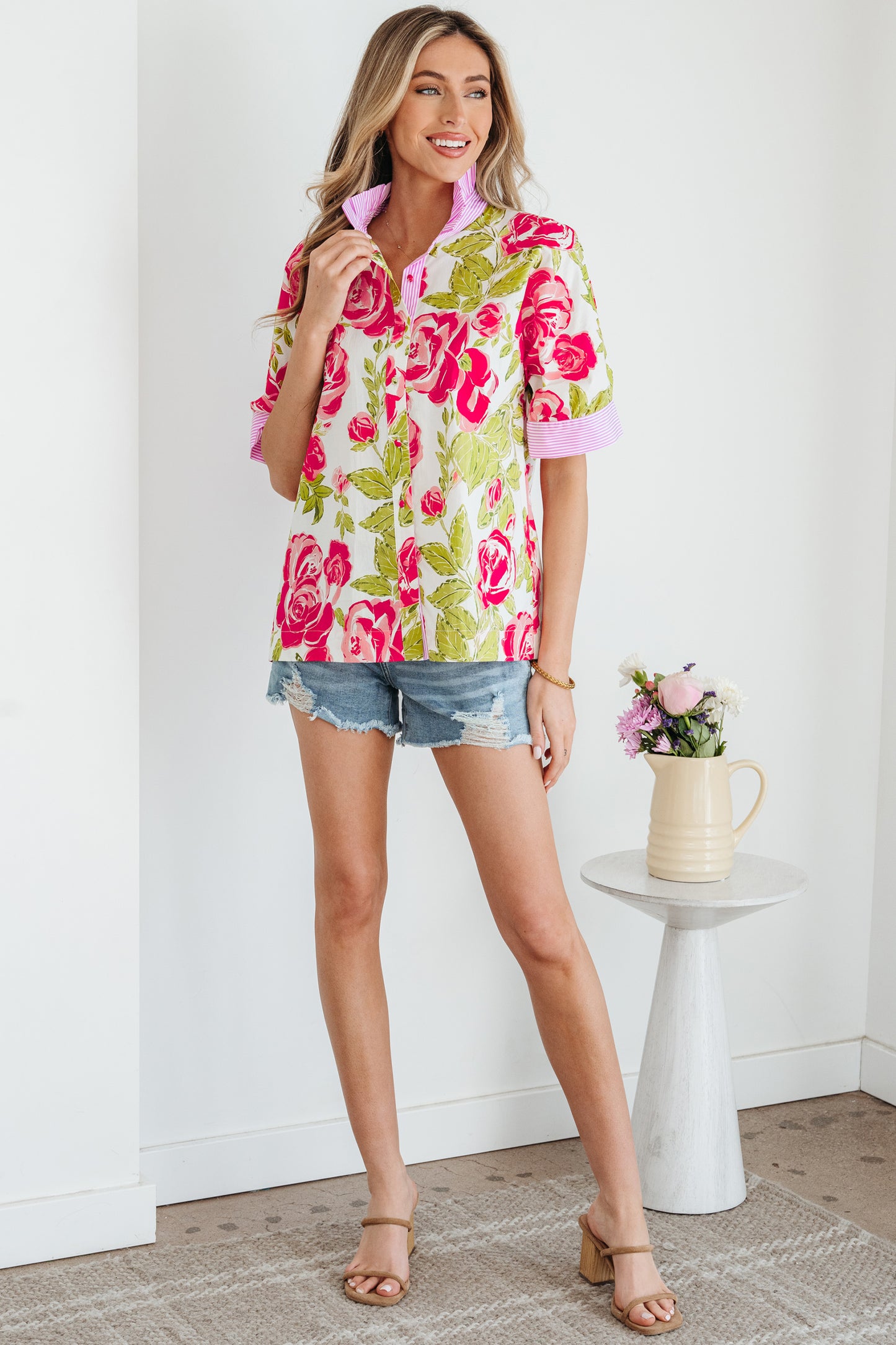 Floral Stripe Trim Frilled Collar Short Sleeve Shirt