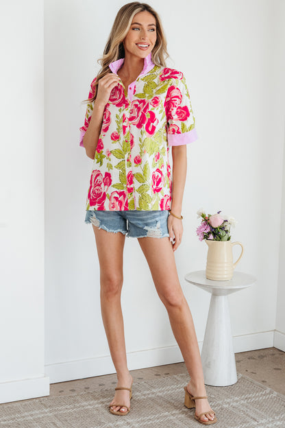 Floral Stripe Trim Frilled Collar Short Sleeve Shirt