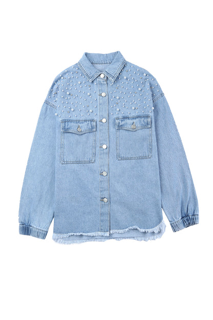 Denim Rhinestone Pearl Buttoned Shacket