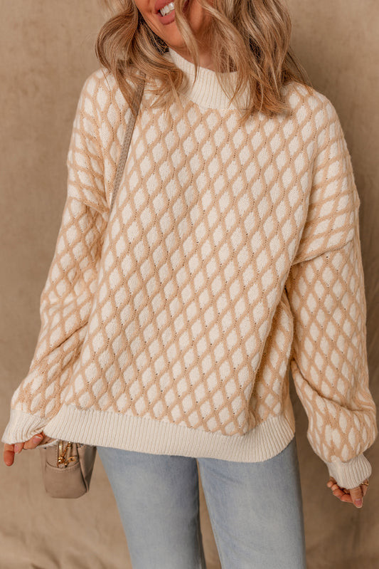 Rhombus Textured Knit Mock Neck Sweater