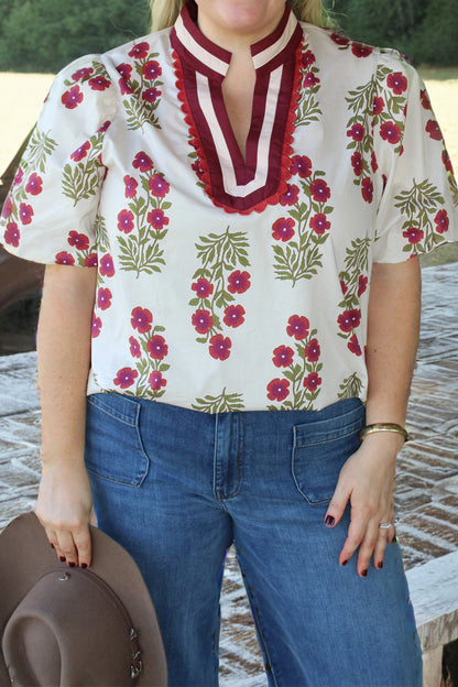 Plus Size Floral Ricrac Trim Short Sleeve Blouse
